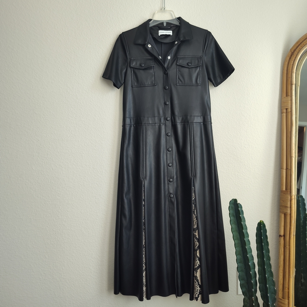 Stand Studio Jordan Snake Effect-paneled Faux Leather Midi Shirt Dress EU 34